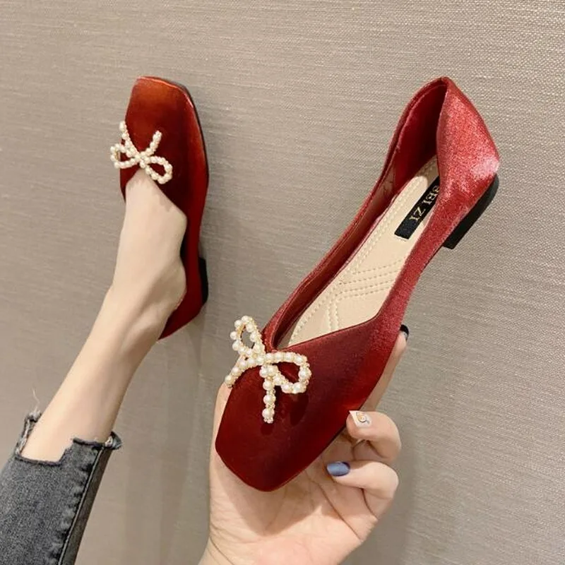 

Wide Foot Square Head Single Shoes Women Summer Autumn New Moccosins Soft Bottom Ballet Shallow Mouth Bow Flat Plus Size 31-46