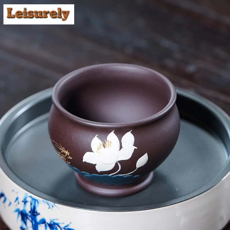 180ml Yixing Zisha Hand-painted Lotus Teacup Retro Tea Bowl Cup For Tea Tea-tasting Smelling Cup Chazhan Master Cups Tea Items