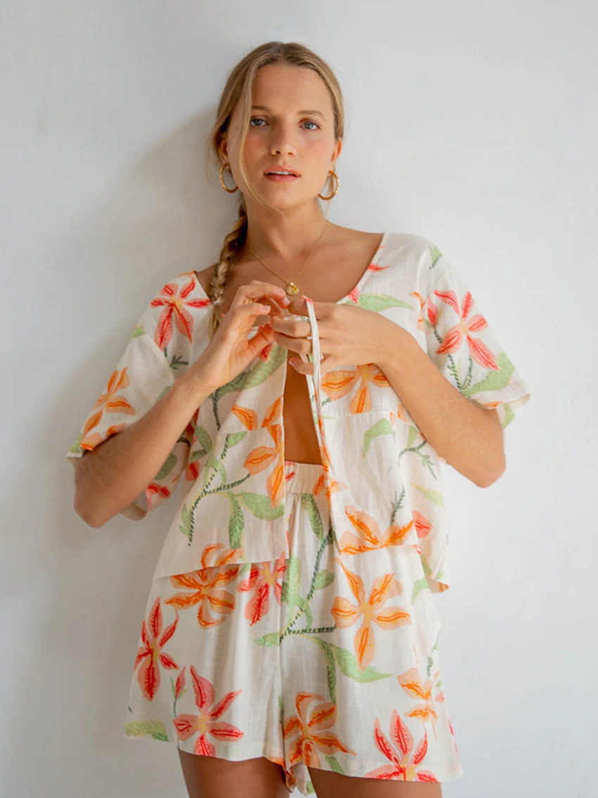 Marthaqiqi Casual Printing Women Nightwear 2 Piece Set O-Neck Pajama Half Sleeve Nightgown Lace Up Sleepwear Shorts Pyjamas Suit