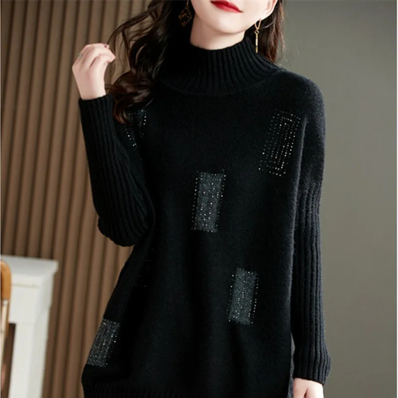 

Knitted Pullover Autumn Winter Turtleneck Sweater Women 2023 Warm Thick Loose Rhinestone Bottoming Sweater Top Female