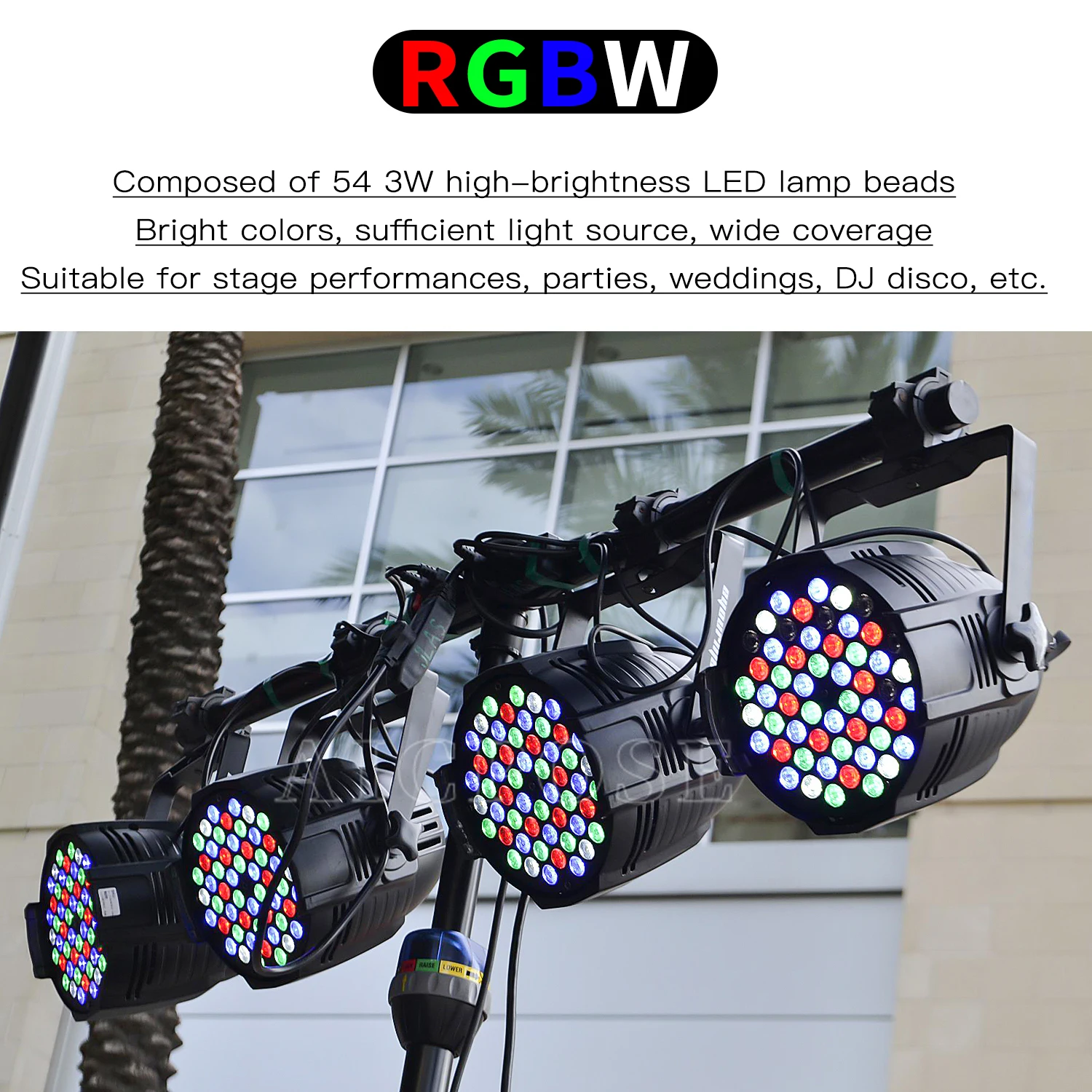 thumbnail image 4 of Luz LED Par RGB 3 en 1 de 54 x 3 W, luz RGBW de color para escenario, control DMX512, equipo de discoteca para DJ, fiesta de bodas, bar, iluminación para pista de baile, 4 of 5