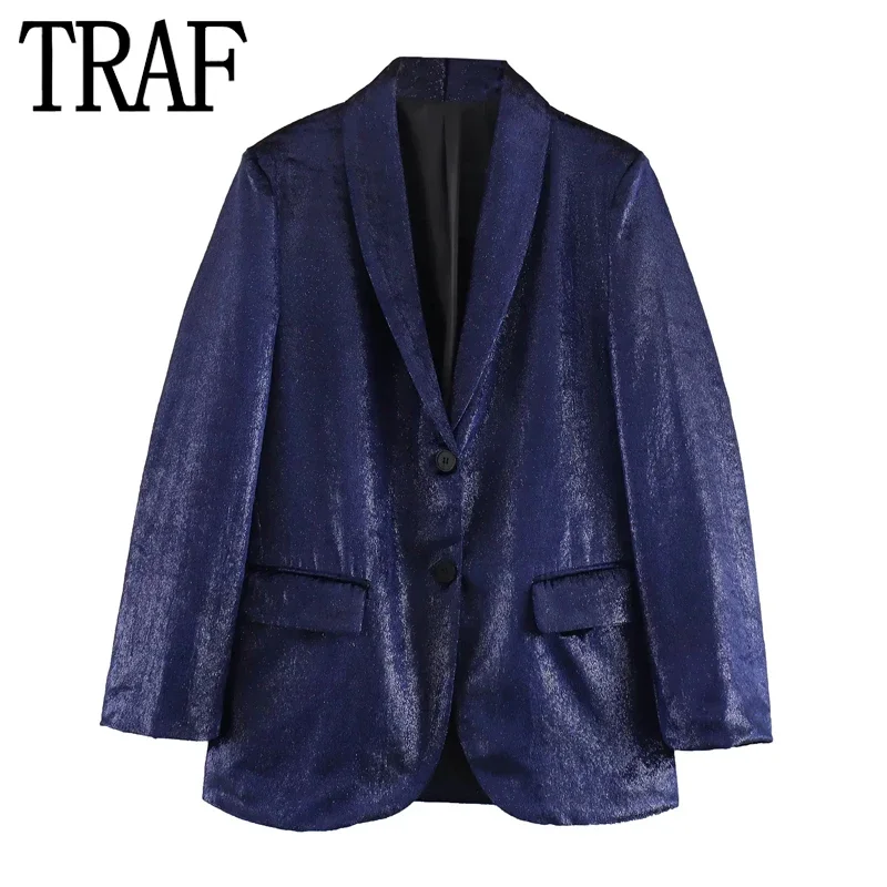 

TRAF Velvet Blue Blazer Woman Vintage Luxury Women's Blazer Old Money Chic And Elegant Woman Jacket Long Sleeve New In Coats