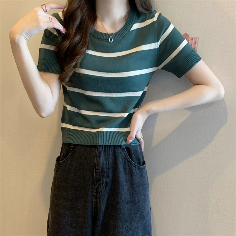 Striped Knitted Short SleeveTWomen's Summer T-shirt2023New Design Sense Niche Slim-Fit Slimming Shoulder Short Tops 4