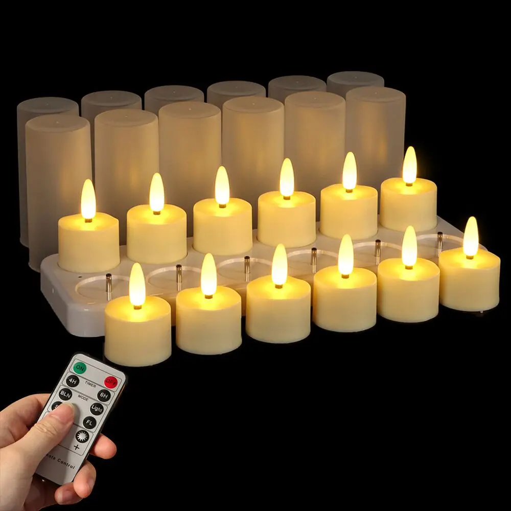 

6/12pcs LED Rechargeable Tea Lights 3D Flame Candles Remote controlled with Timer Votive Candle for Wedding Christmas Party ta