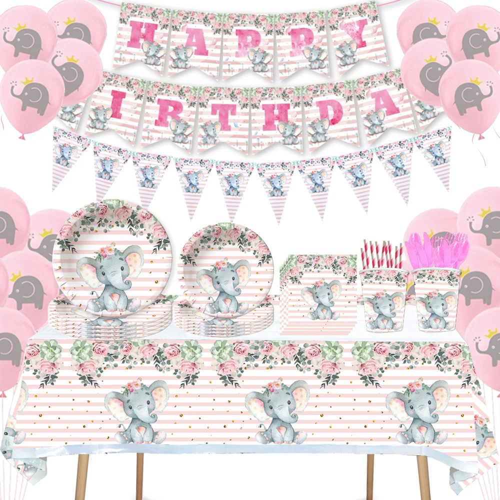 

Elephant Birthday Party Decorations Girl's Baby Shower Disposable Tableware Supplies Flower Plates Napkins Banners Straws