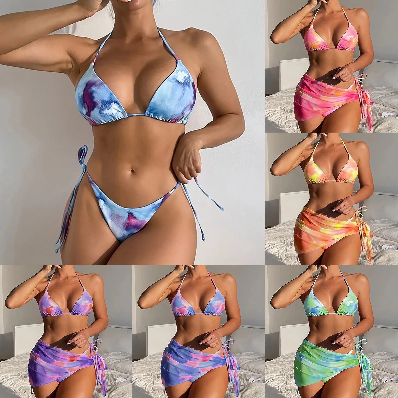 

Women Sexy Fashion Strap Wrap Pad High Waist Prints Bikini Set Swimsuit Thong Swimwear Three Pieces Bathing Suit
