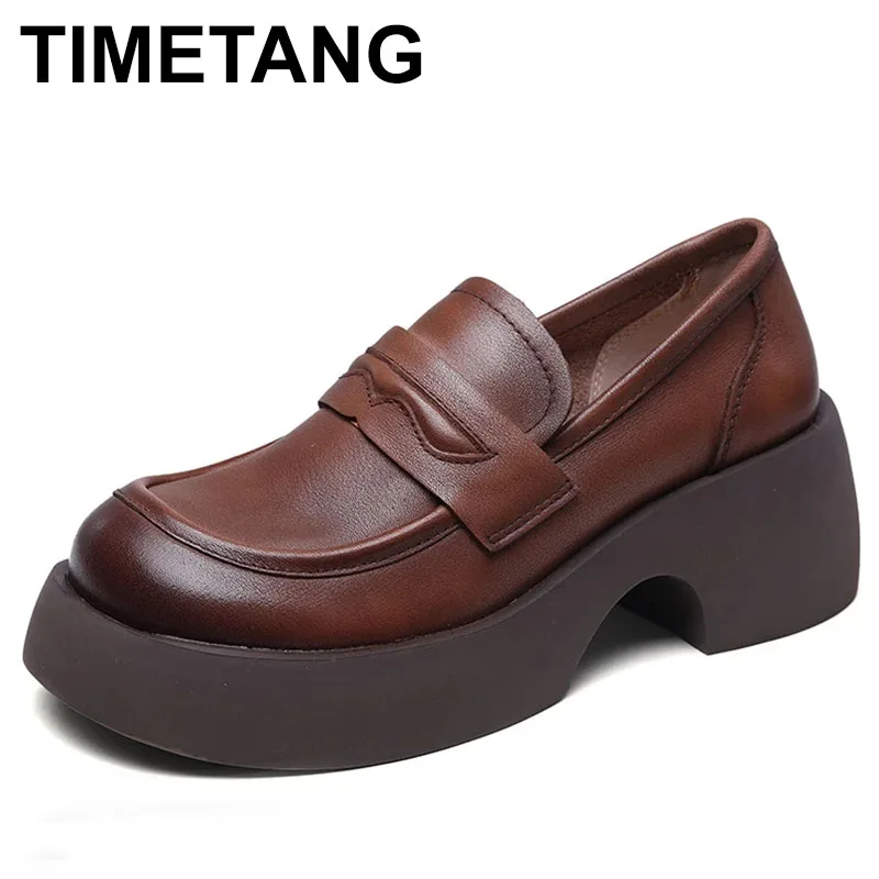 

2023 Vintage cowhide platform women's shoes leather platform brown loafer heels Pumps zapato de tacón shoes for women