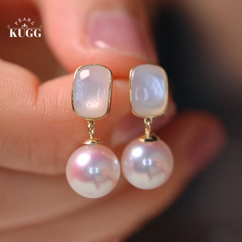 

KUGG PEARL 18k Yellow Gold Earrings 7-8mm Natural Akoyo Pearl Earrings for Women Exquisite Gentle Style Jewelry