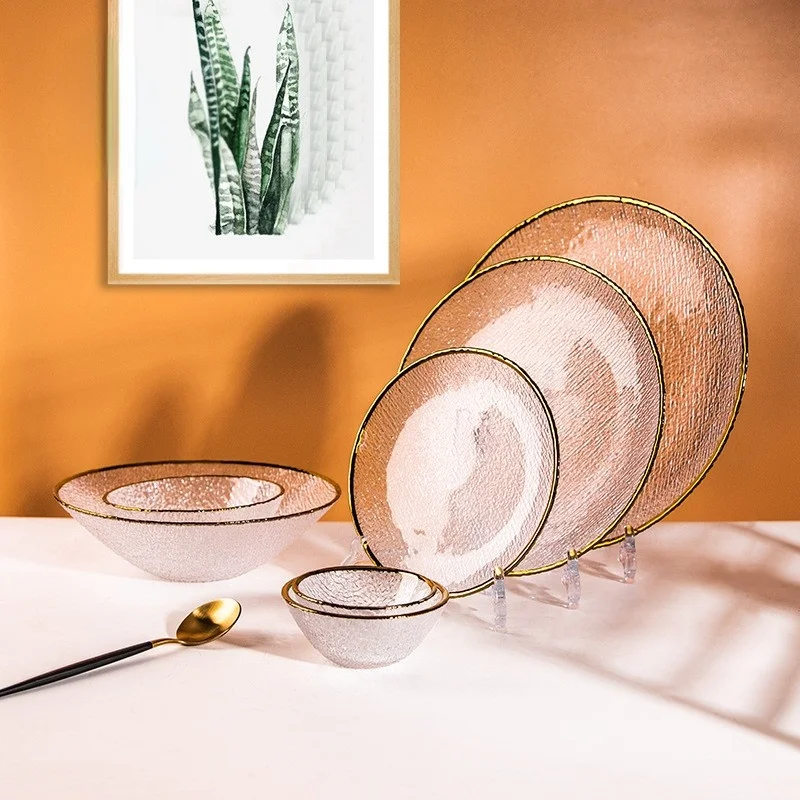 Gold Edge Glass Plate Rice Soup Dessert Salad Vegetable Bowl Dessert Cake Tray Tableware