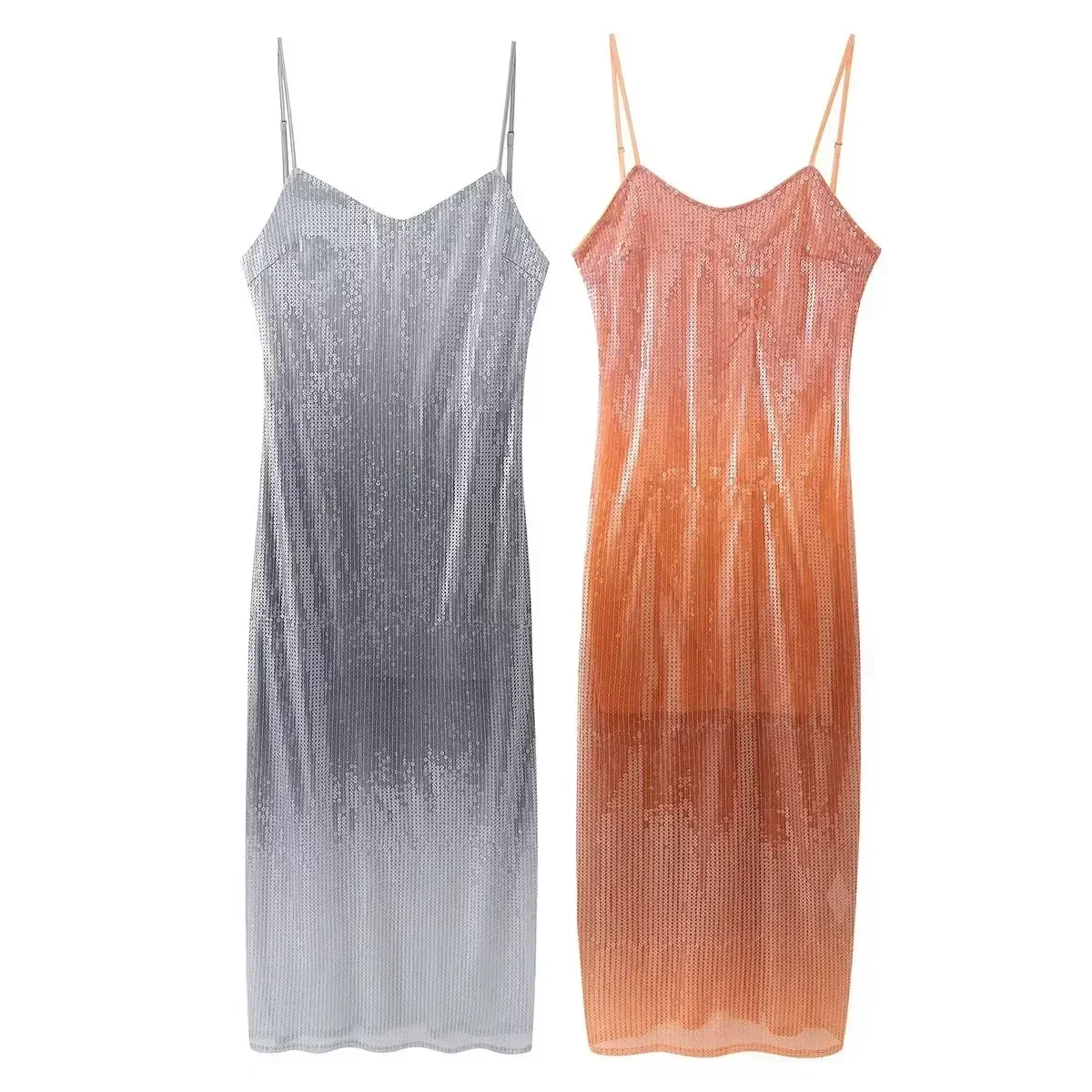 

Women New Chic Fashion Bead decoration Gradient design Sexy Backless Midi Dress Vintage Thin Straps Female Dresses robe Mujer