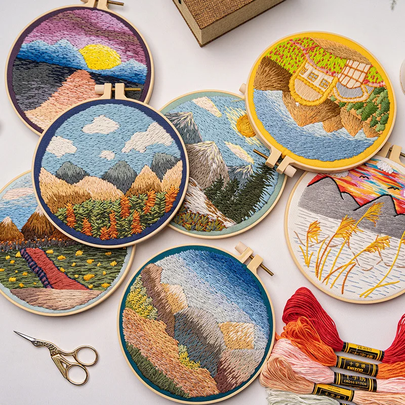 DIY Flower Landscape Pattern Embroidery Kit Embroidery Beginner Set Round Hoop Sewing Craft Kit Needlework Tools Home Room Decor