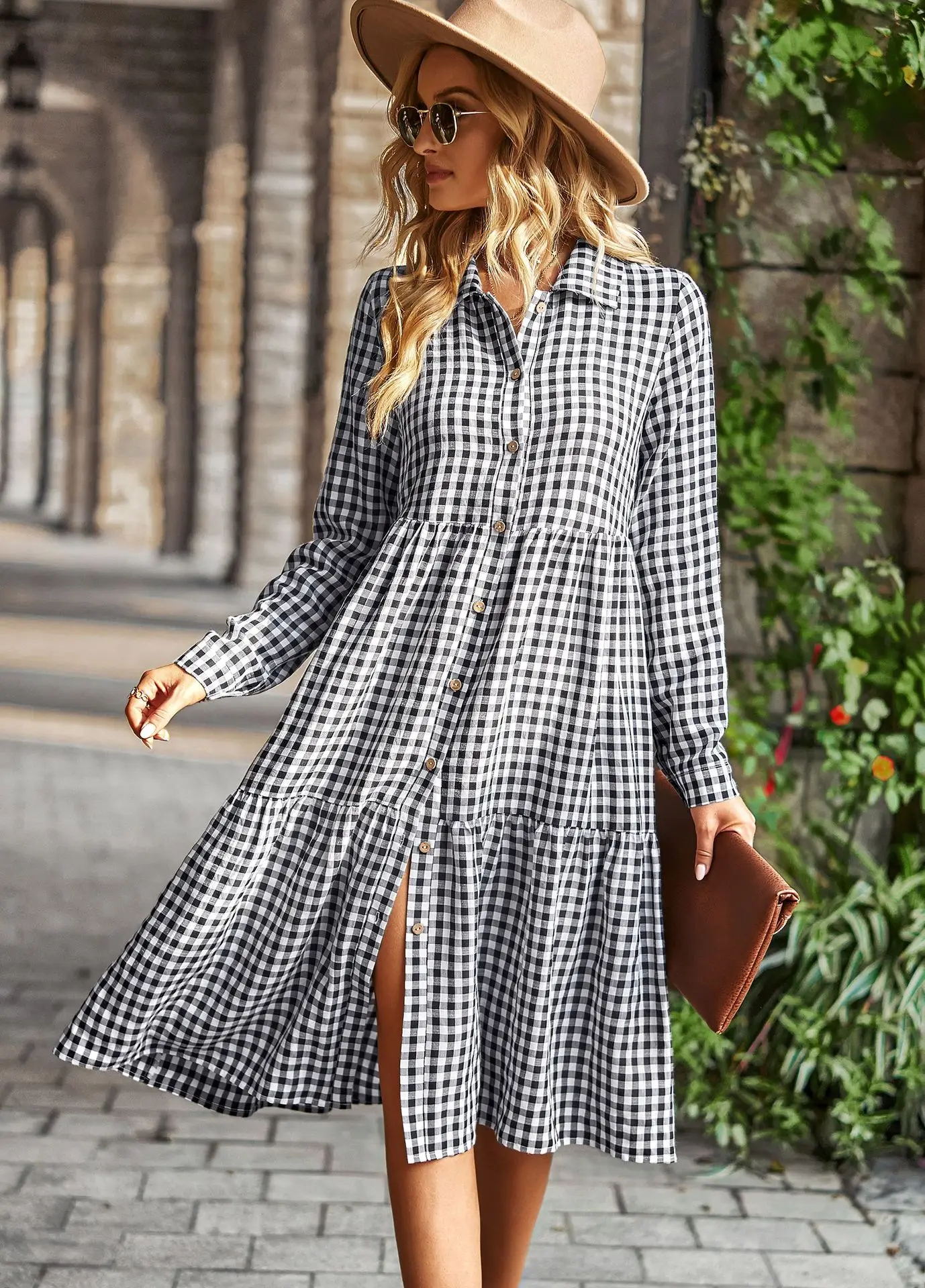 

2023 Women's Vintage Long Sleeve Plaid Dress Soft Flowy Midi Dress Ruffle A Line Long Dress