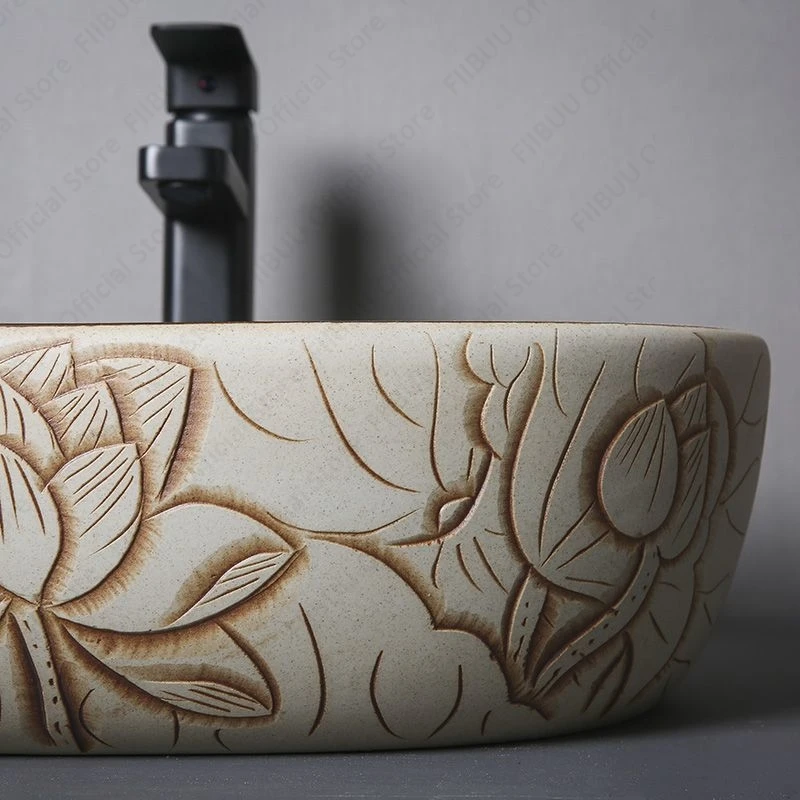 Ceramic Vessel Sink Lotus Flower Pattern Table Sink Above Counter Oval Washbasin Countertop Art Basin Bathroom Balcony Sink Bowl 5