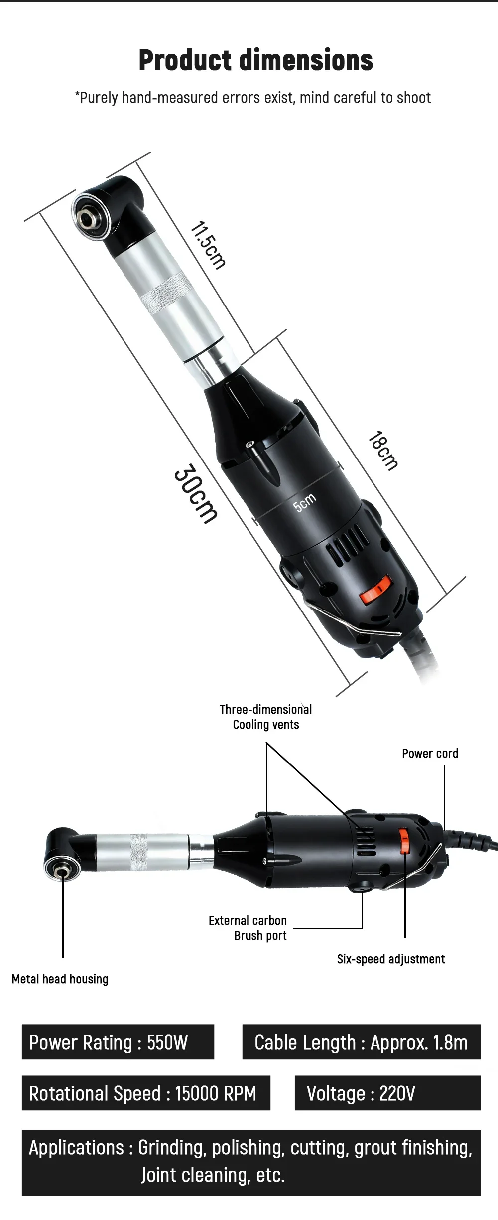 Mini 90° Right Angle Grinder 550W Electric Handheld Die Grinder for Tile Cutting