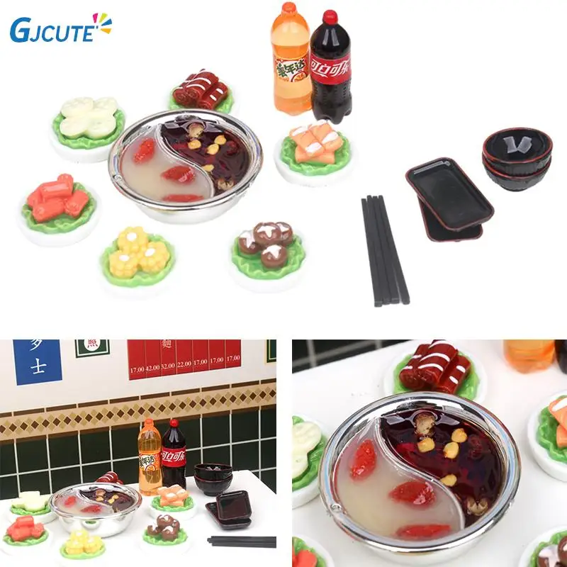 

Миниатюрный набор еды в масштабе 1:6 для кукольного домика, Yuanyang Hotpot, Овощной Мясо, обеденная тарелка, палочка для еды, модель для напитков, игрушка для декора кухни