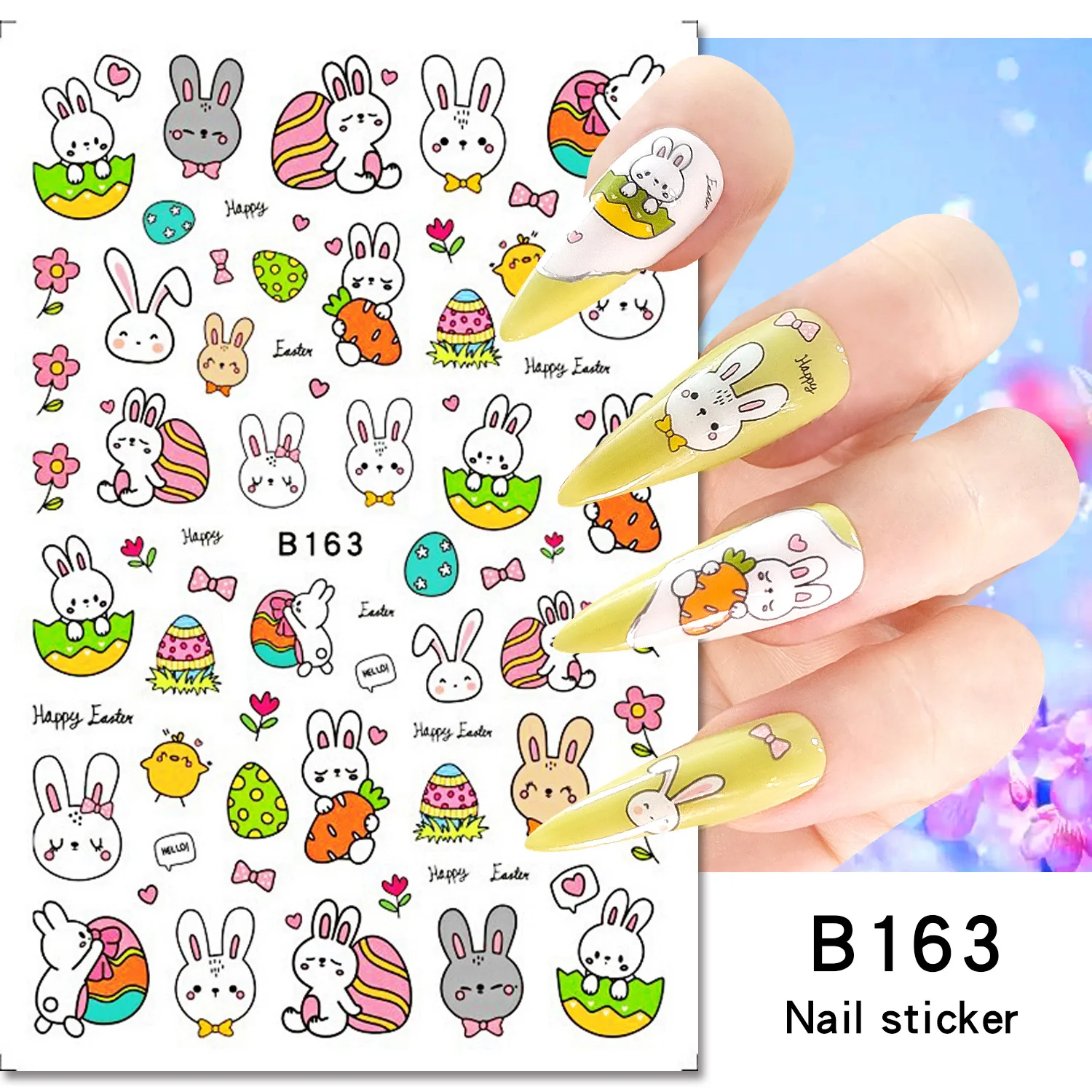 12 Sheets Easter Day Series Beautiful 3D Colorful Eggs Rabbits Adhesive Nail Art Stickers Decals Manicure Ornaments Accessories
