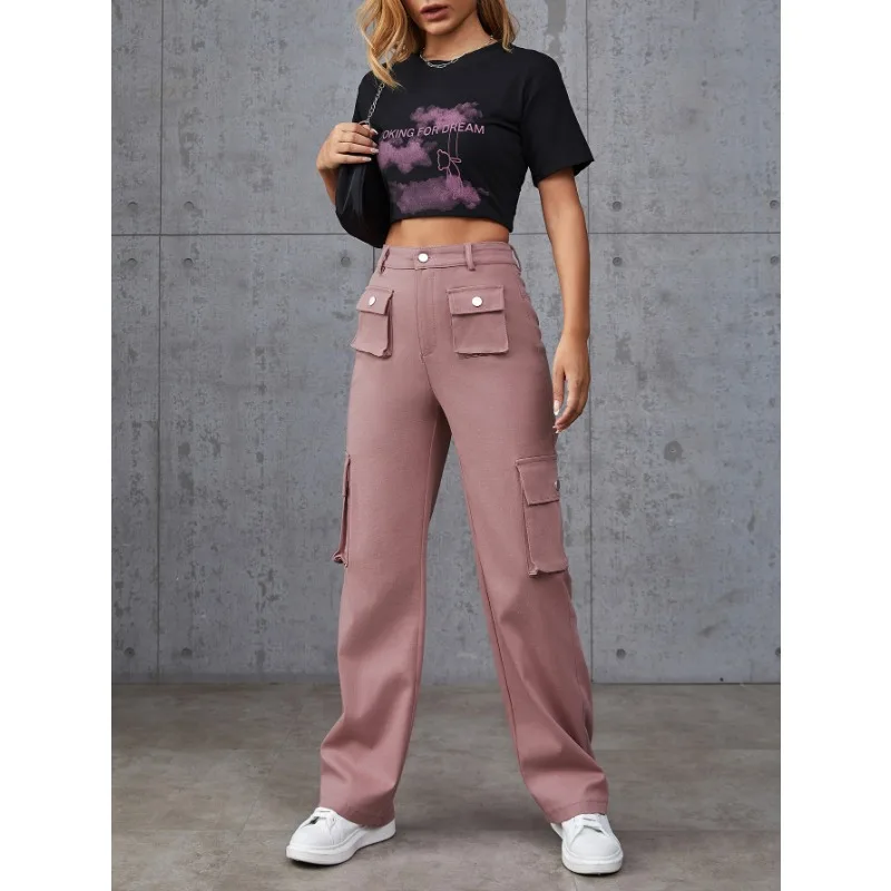 Spring/Summer New Fashion Straight Tube Loose High Waist Multi Pocket Women's Casual Pants