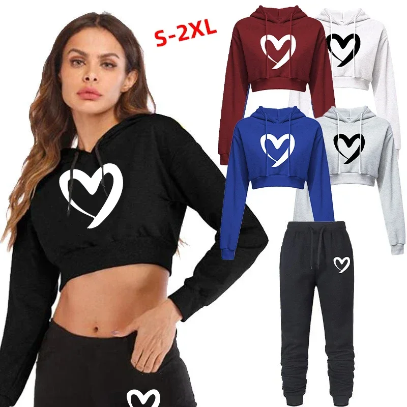 New Women Love Heart Printing Tracksuit Hoodies and Pants Casual Sport Suit Spring Autumn 2 Piece Set Female Jogging Suit customized new women printing tracksuit hoodie and pants casual sport suit winter 2 piece set 8 colors jogging suit