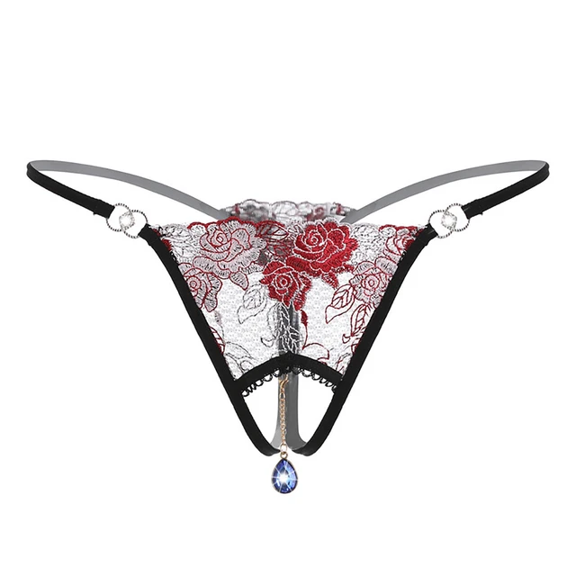 Sexy G-String Floral Embroidery Panties Women Transparent Open Crotch  Beaded Thong Thin Strap Low Waist Underwear Majtki Damskie