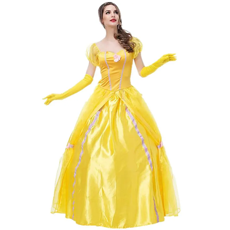 

Yellow Beauty And The Beast Yellow Princess Dress Adult Belle Costumes Cosplay Party Masquerade Bell Court Queen Roles Suit