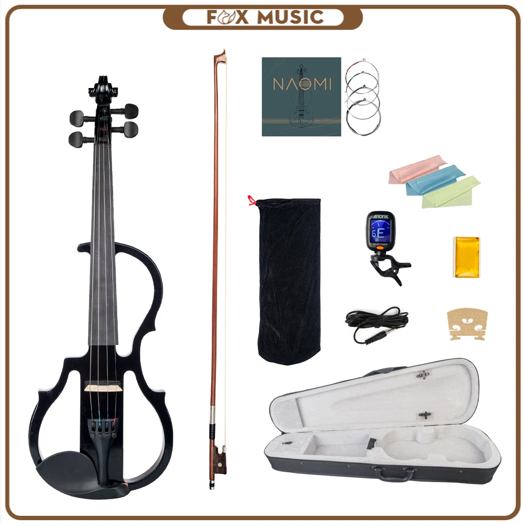 Black Electric Violin 4/4 Set Solidwood Body w/ Brazilwood Body+Canvas