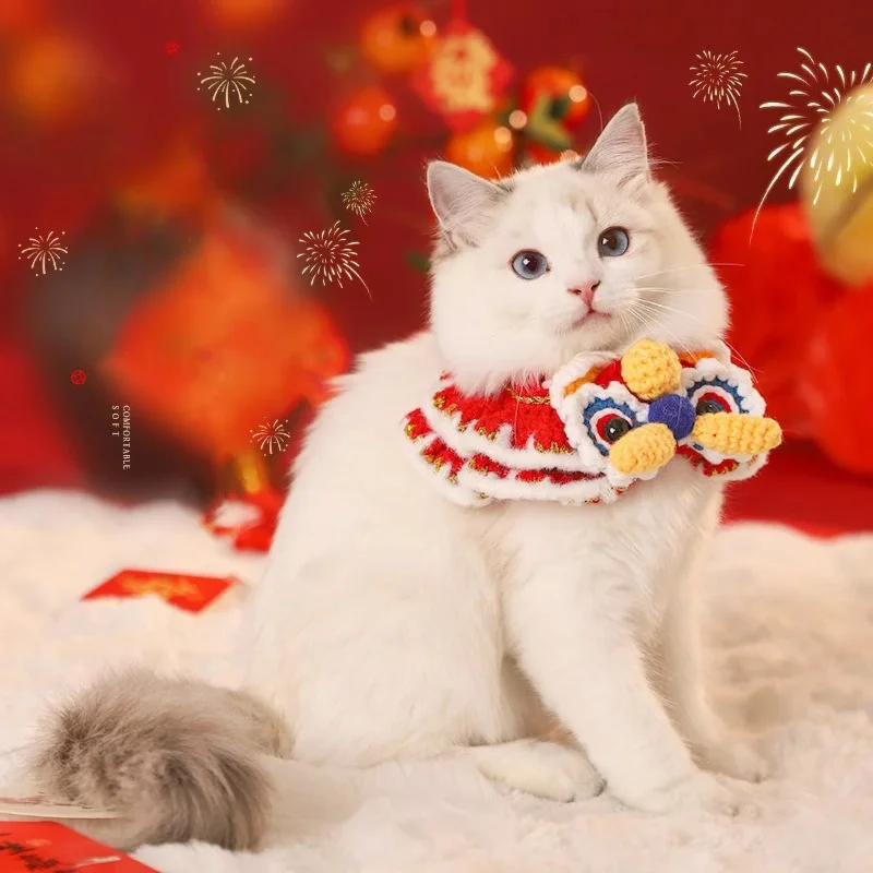 Handmade Knitting Cat Tie Adjustable Pet Accessory Chinese Lion Dance Design Magical Protection Cat Fashion Accessory