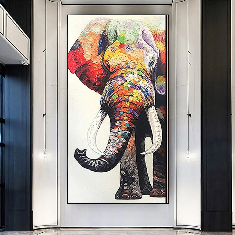 

Modern Handmade Elephant Shaped Abstract Oil Painting Cloth Hanging Mural Knife Poster Exhibits Wall Art Picture Decor Home Live