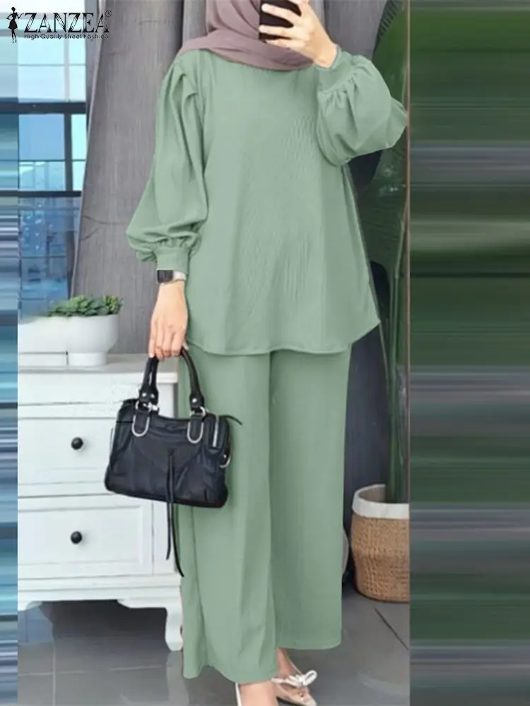 

2023 ZANZEA Woman Fashion OL Muslim Suit Long Sleeve O Neck Blouse Loose Trousers 2pcs Solid Urban Tracksuits Vintage Outifits