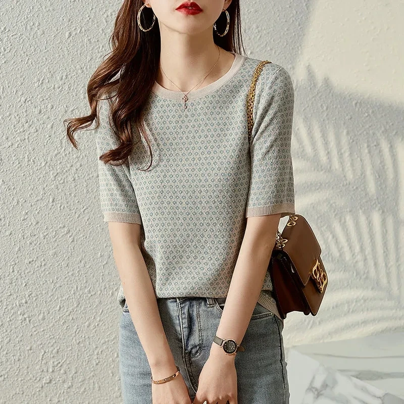 

Fashion Short-Sleeved Blouse Women’S 2022 Summer Style Print Elegant Contrast Color Thin Outer Wear Base Pullover Sweater Top