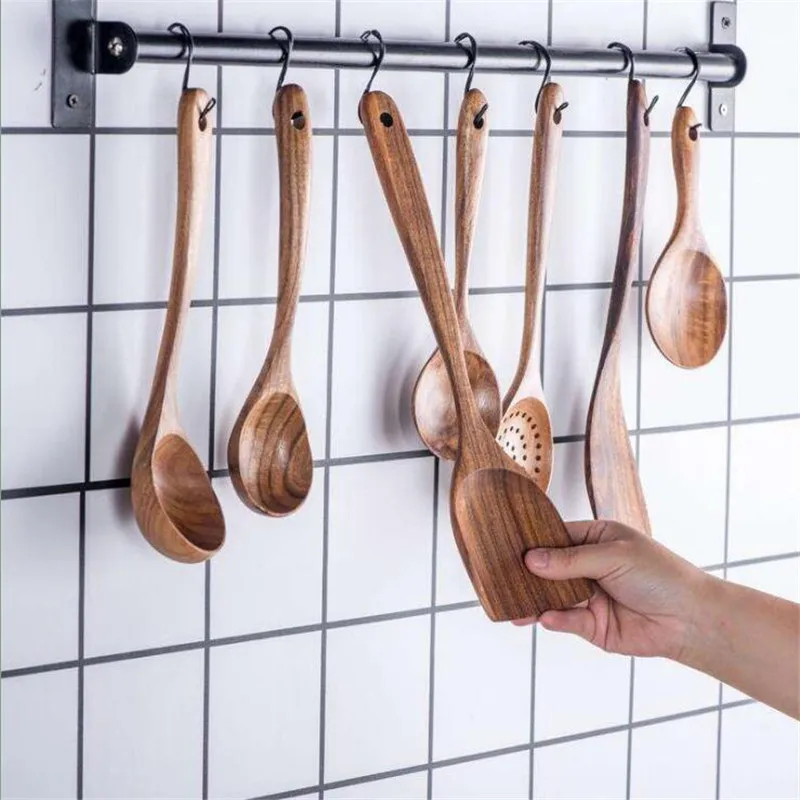 7-Piece Set Of Wooden Cooking Tools Natural Wooden Long Rice Spoon Soup Skimmer Thai Teak Natural Wood Tableware Kitchen Supplie