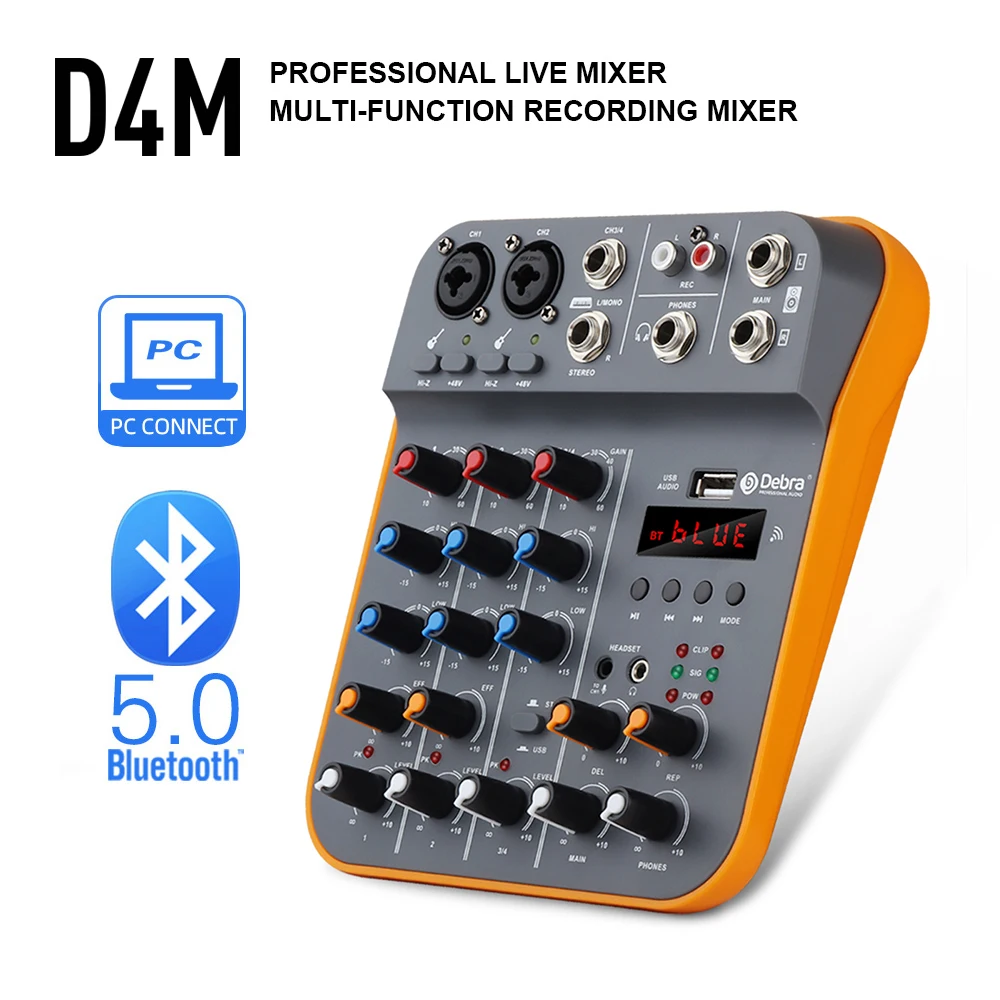 

Debra Audio Interface DJ Console Mixer 4-Channel With Bluetooth USB Sound Card 48V For PC Recording Microphone Live Streaming