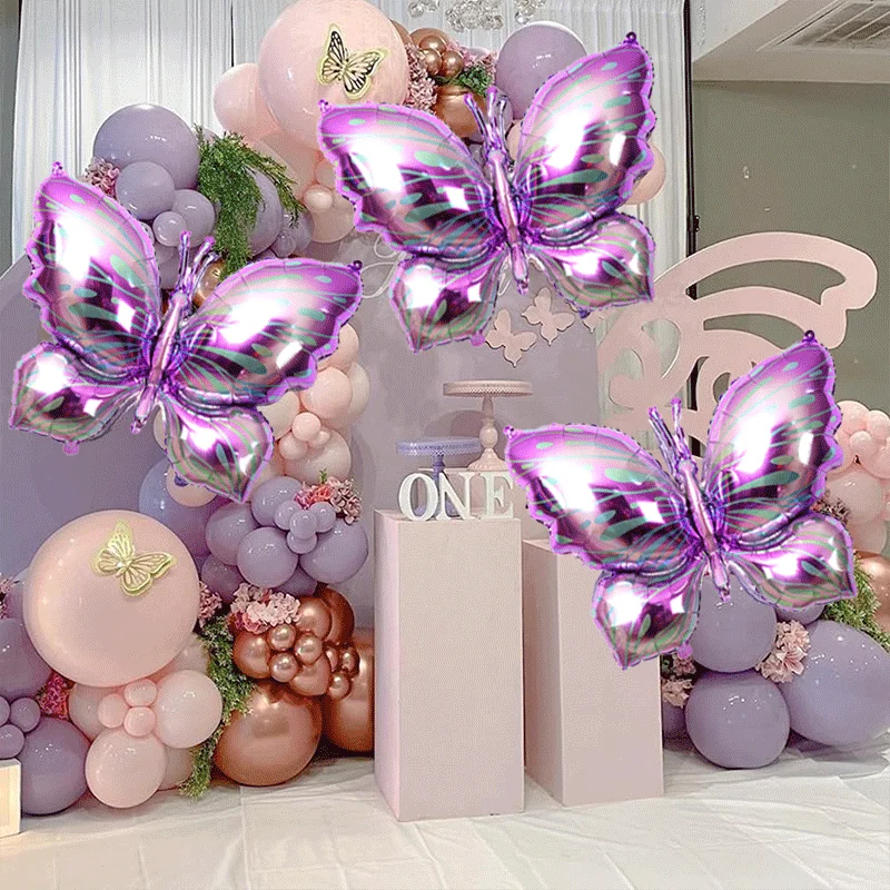 Kit per arco di palloncini fai da te da 118 pezzi, con farfalle adesive e palloncini in lattice viola, argento, viola metallizzato e con coriandoli, per feste di compleanno, baby shower, matrimoni
