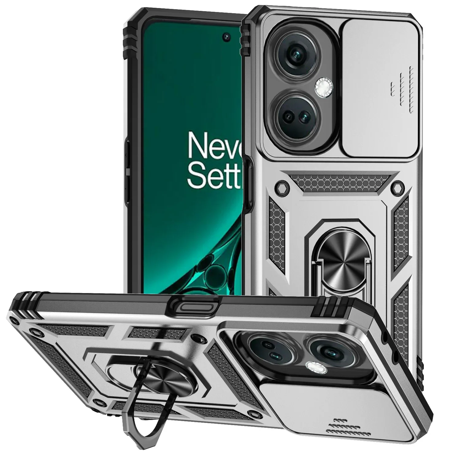 Armor Shockproof Phone Case with Metal Ring Holder and Slide Camera Lens Protector
