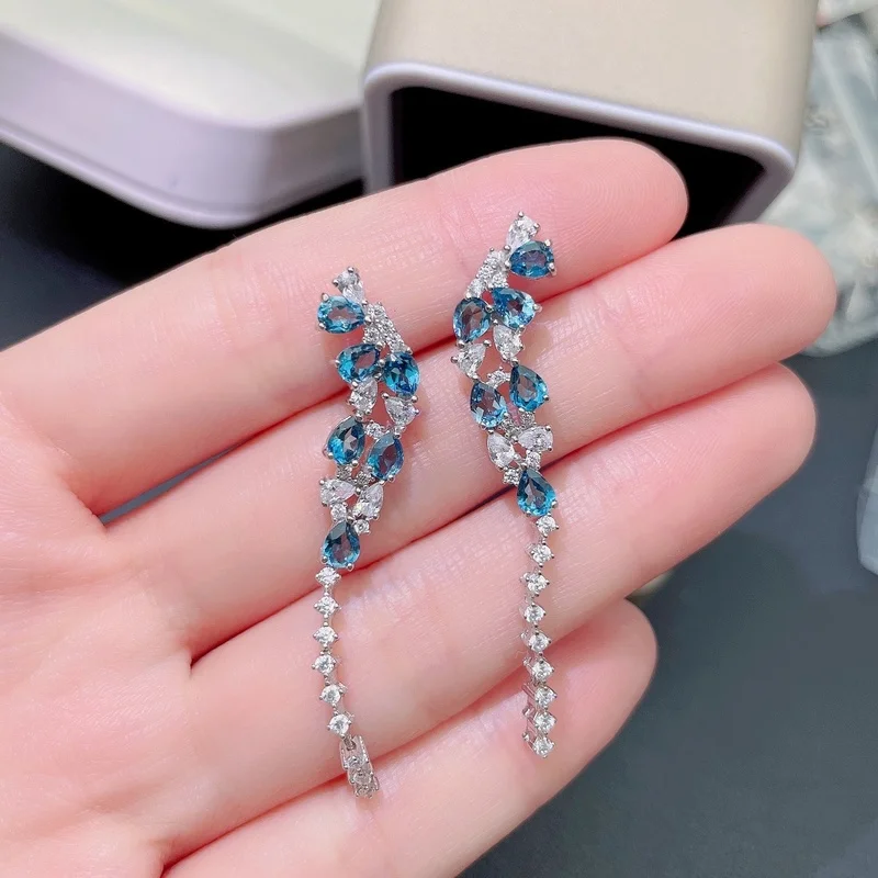

Gemicro Natural Blue Topaz Drop Earrings Classic Style for Women Anniversary Gift Fine Jewelry Real 925 Soild Sterling Silver