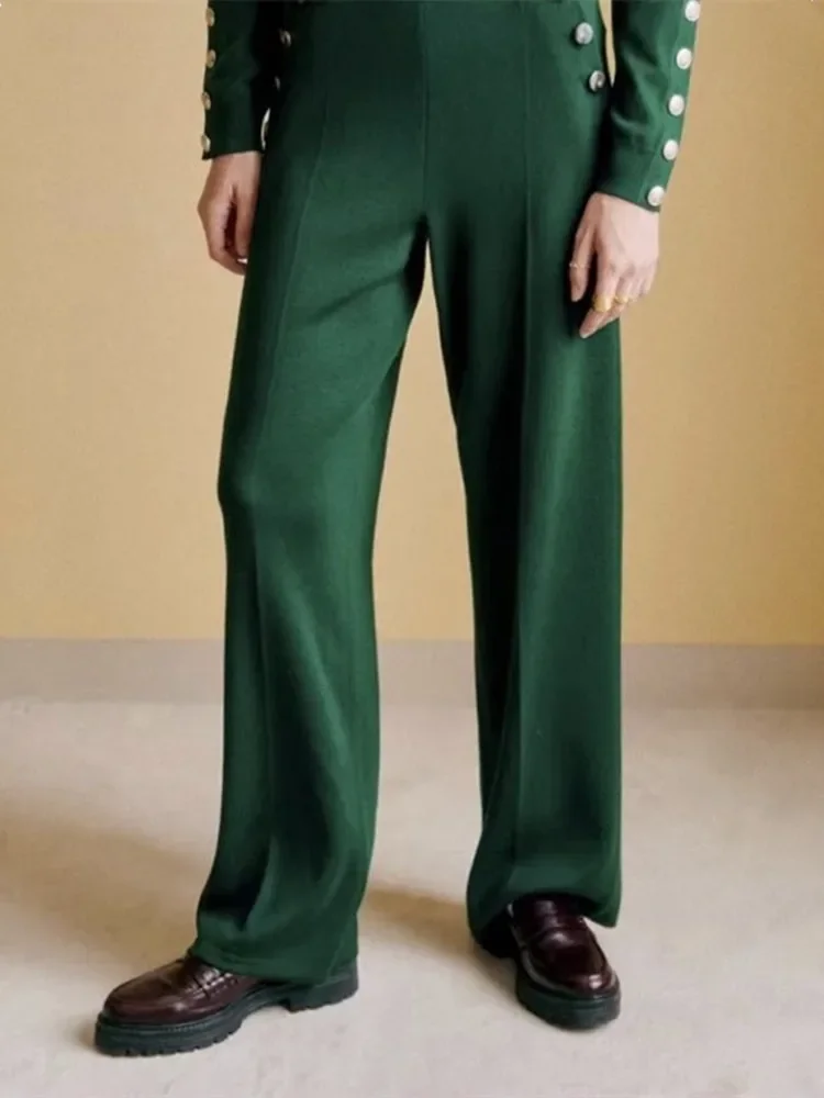 

Fashion Classic Trendy Luxury Designer New Knit Long Pants Double Breasted Buttons Elastic Waist Straight Loose Female Trousers