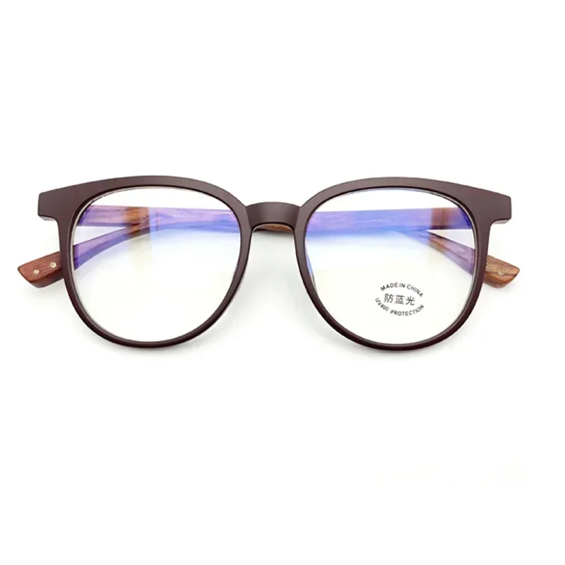 Ultra-Light Retro Wood Grain Round Frame Myopia Glasses with Anti-Blue Light Protection