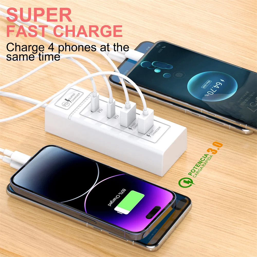 Universal 4-Port Fast Charging USB Type-C Wall Charger with EU/US/UK Plug