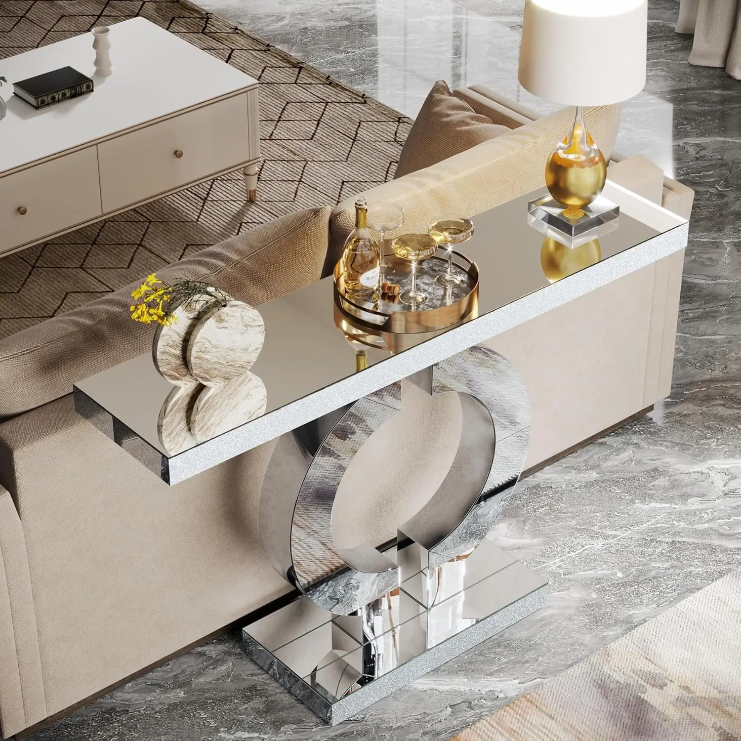 ORBION Silver Mirror Console Table - close-up veneer