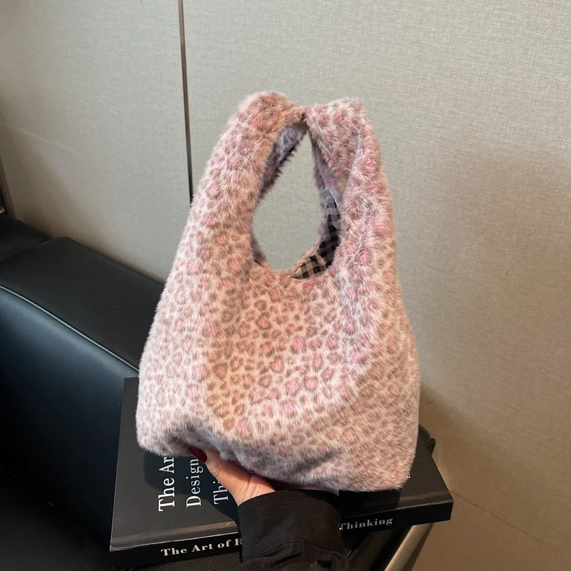 Women Plush Leopard Print Shoulder Bags Cute Underarm Bag for Travel Shopping Everyday Use