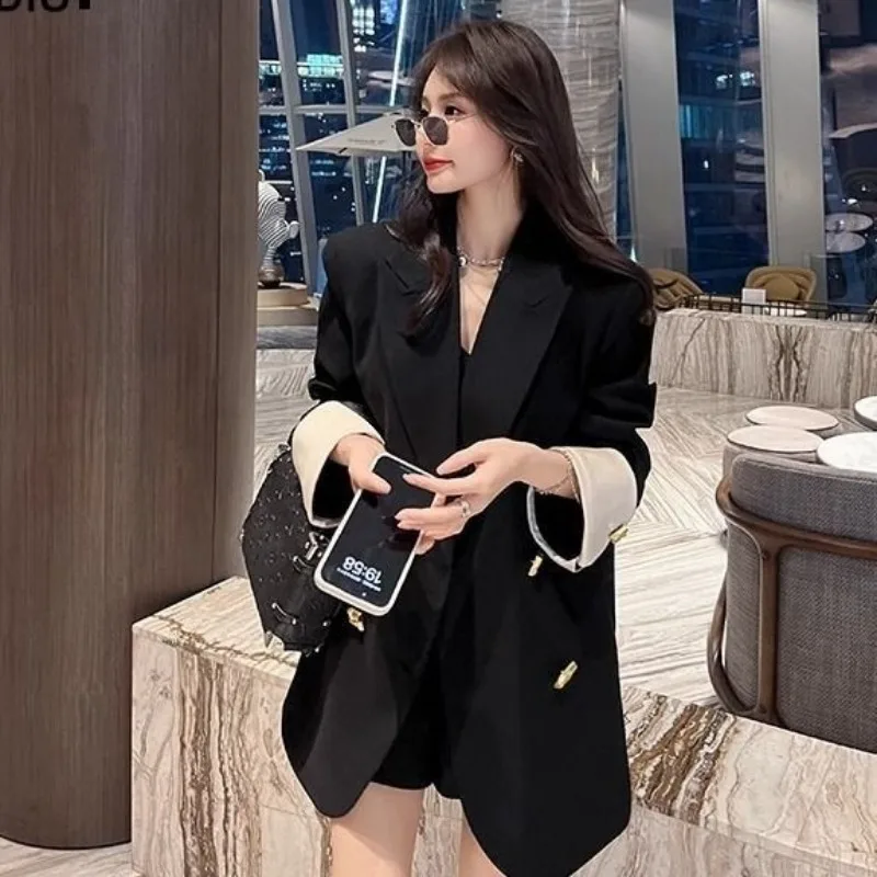 Luxury Black Suit Blazer Mujer Double-breasted Long Sleeves Autumn Jacket Coat Korean Chic Pocket Office Ladies Clothing New