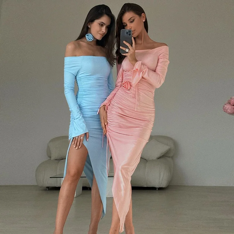 

Cryptographic Off Shoulder Sexy Split Midi Dresses Outfits for Women Club Party Elegant Drawstring Ruched Long Dresses Vestido