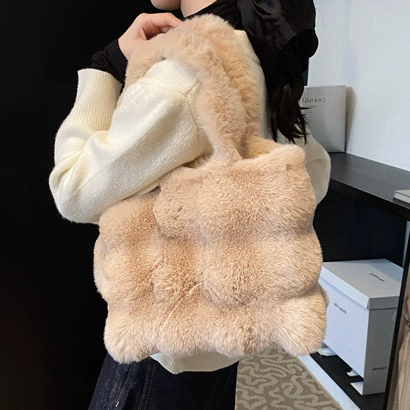 Women's Fluffy Plush Shoulder Bag Autumn Winter Top-Handle Solid Color Tote Versatile Commuter Handbag for Girls