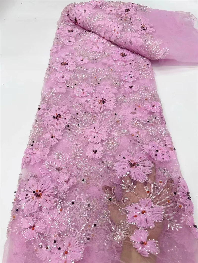 

5 Yards Tulle Net African Lace Fabric Beaded Lace 2024 High Quality Pink Nigeria Sequin Fabrics for Wedding Evening Dress Sewing