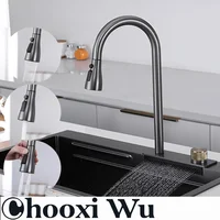 CHOOXIWU - น้ําตกอ่างล้างจานดึงประเภทก๊อกน้ําห้องครัวร้อนเย็นผสมผักอ่างล้างหน้าหลายช่องน้ําหมุน Flying Rain TAP 1