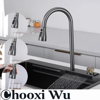 CHOOXIWU - น้ําตกอ่างล้างจานดึงประเภทก๊อกน้ําห้องครัวร้อนเย็นผสมผักอ่างล้างหน้าหลายช่องน้ําหมุน Flying Rain TAP 1