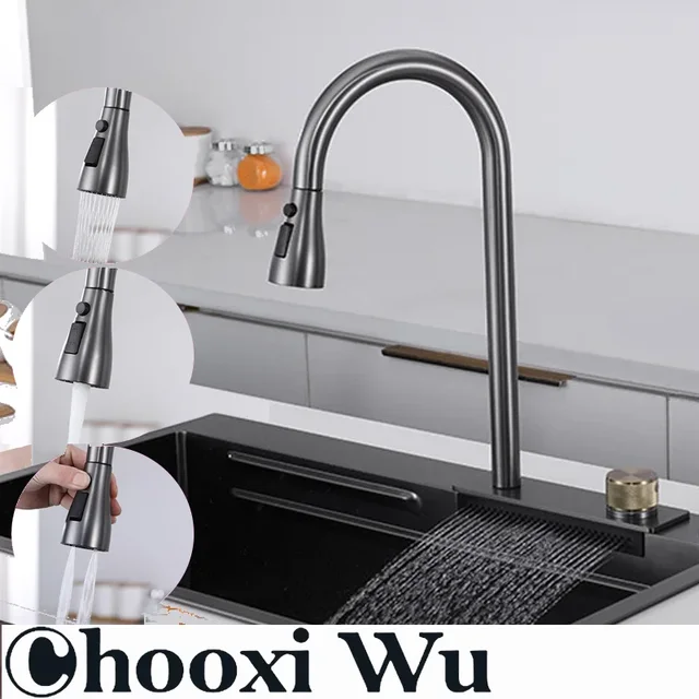 CHOOXIWU - น้ําตกอ่างล้างจานดึงประเภทก๊อกน้ําห้องครัวร้อนเย็นผสมผักอ่างล้างหน้าหลายช่องน้ําหมุน Flying Rain TAP 1