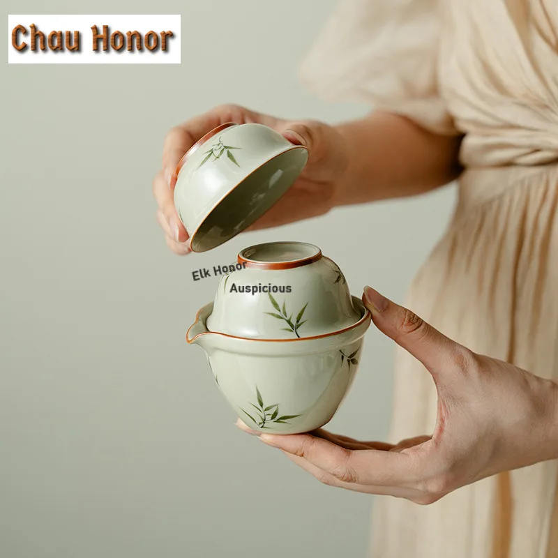 Hand-painted Ash Bamboo Green Travel Tea Set Kit Luxury 1 Pot 2 Cups Tea Brewing Organizer Portable Camping Stock Bags Ornaments