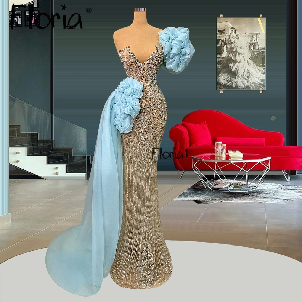 

Floria Luxury Full Crystals Evening Dress Dubai Blue Ruffles FLower Gala Dress 2024 Arabic Illusion Mermaid Formal Prom Gowns