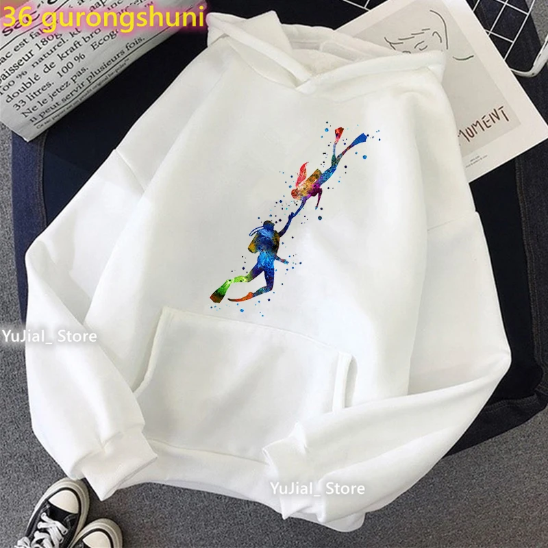 New Arrival 2022 Watercolor Scuba Diving Lover Print Cap Hoodies Women Fashion Sport Art Sweatshirt Femme Pink/White/Gray Coat