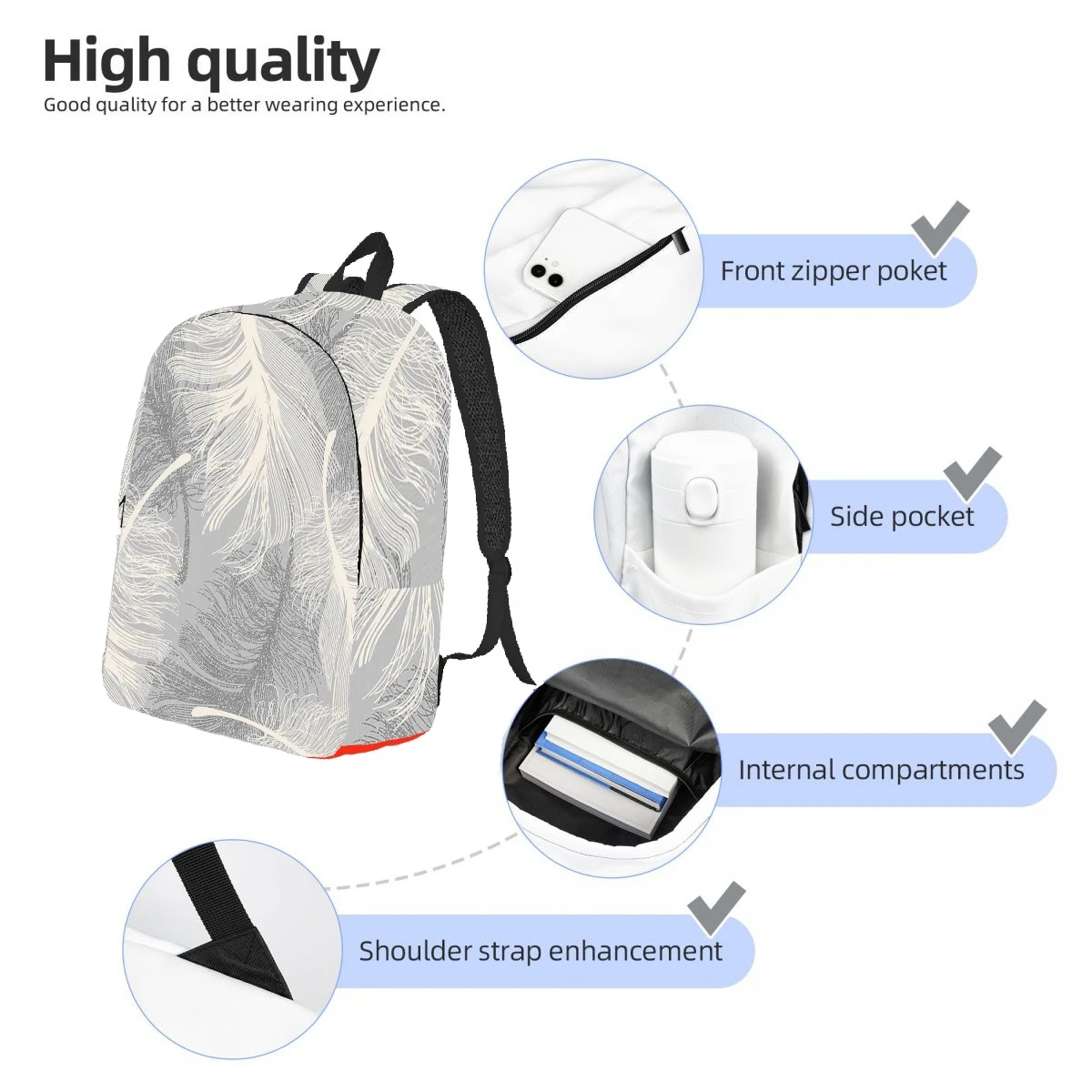 Feather Printing Backpack Casual Lightweight Laptop Backpack Men Women Travel Bag Outdoor Canvas Daypack